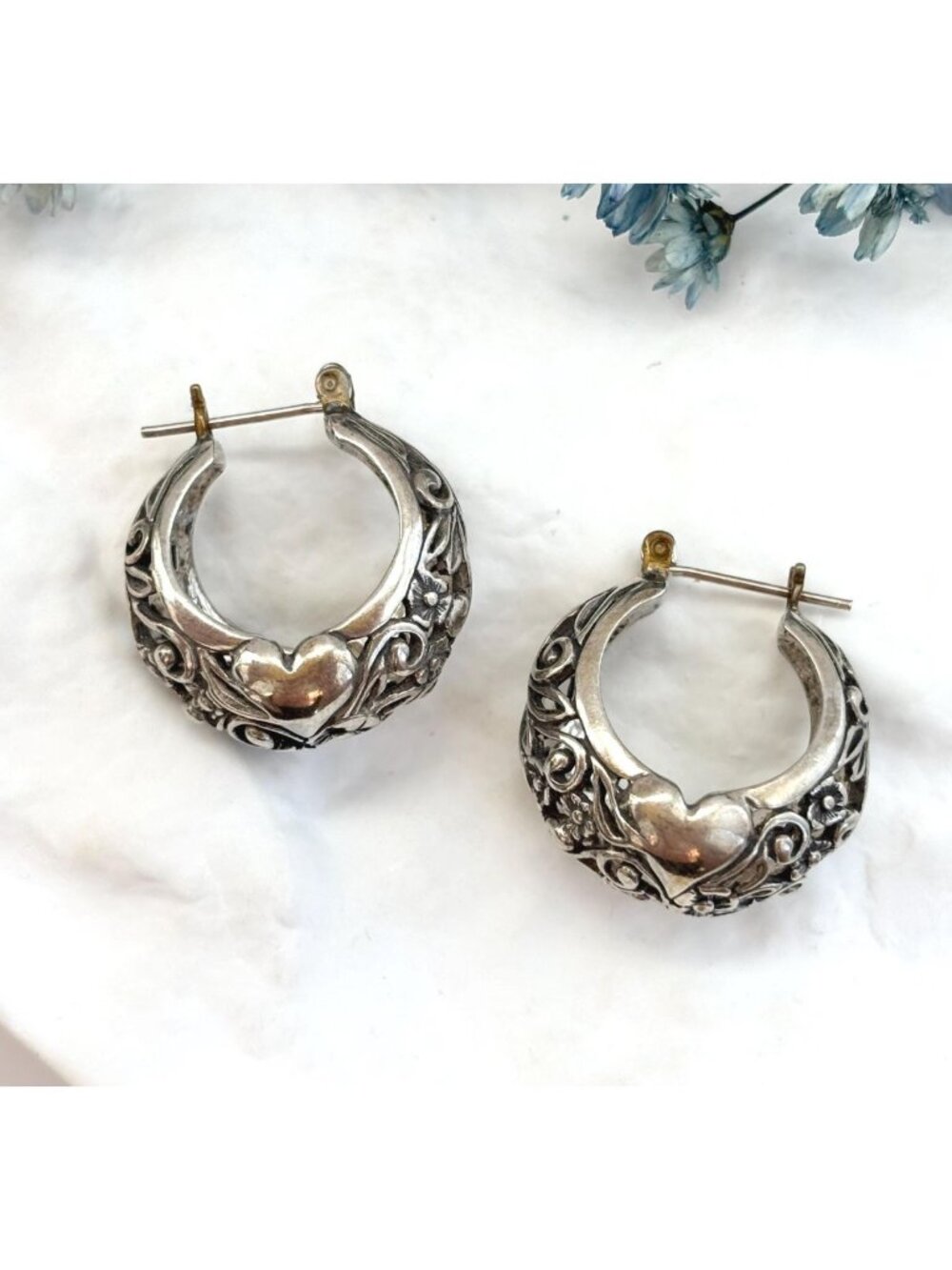 Filigree Heart Accented Dangle Scroll Dual Sterling Silver Hoop Vintage Earrings